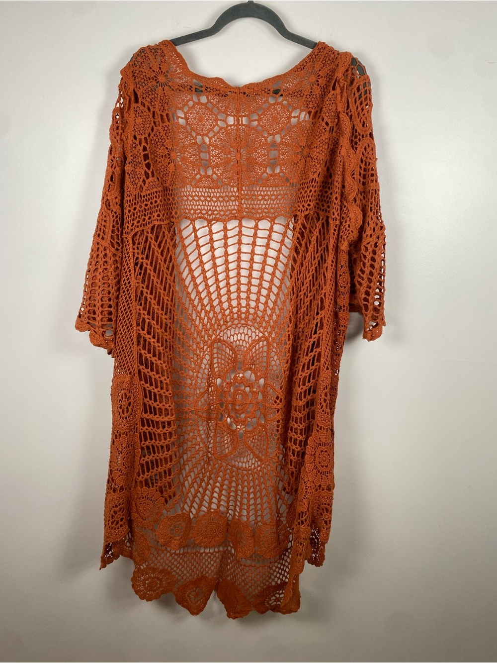 Origami Crochet Open Front Kimono Cardigan — Rust Orange - Picture 2 of 4